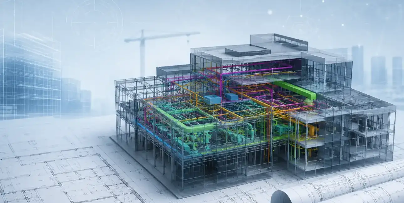 3D Building Information Modelling (BIM) visualization showing a modern building with transparent architectural, structural, and MEP systems over technical blueprints, representing digital construction planning, coordination, and engineering design.