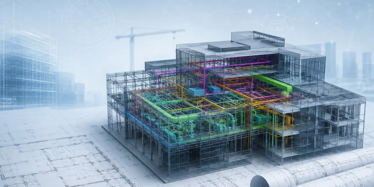 3D Building Information Modelling (BIM) visualization showing a modern building with transparent architectural, structural, and MEP systems over technical blueprints, representing digital construction planning, coordination, and engineering design.