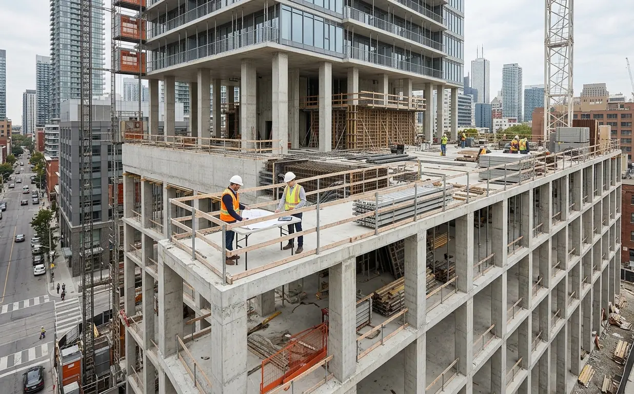 Two construction engineers in hard hats and safety vests reviewing blueprints on an upper floor of a concrete high-rise building.
