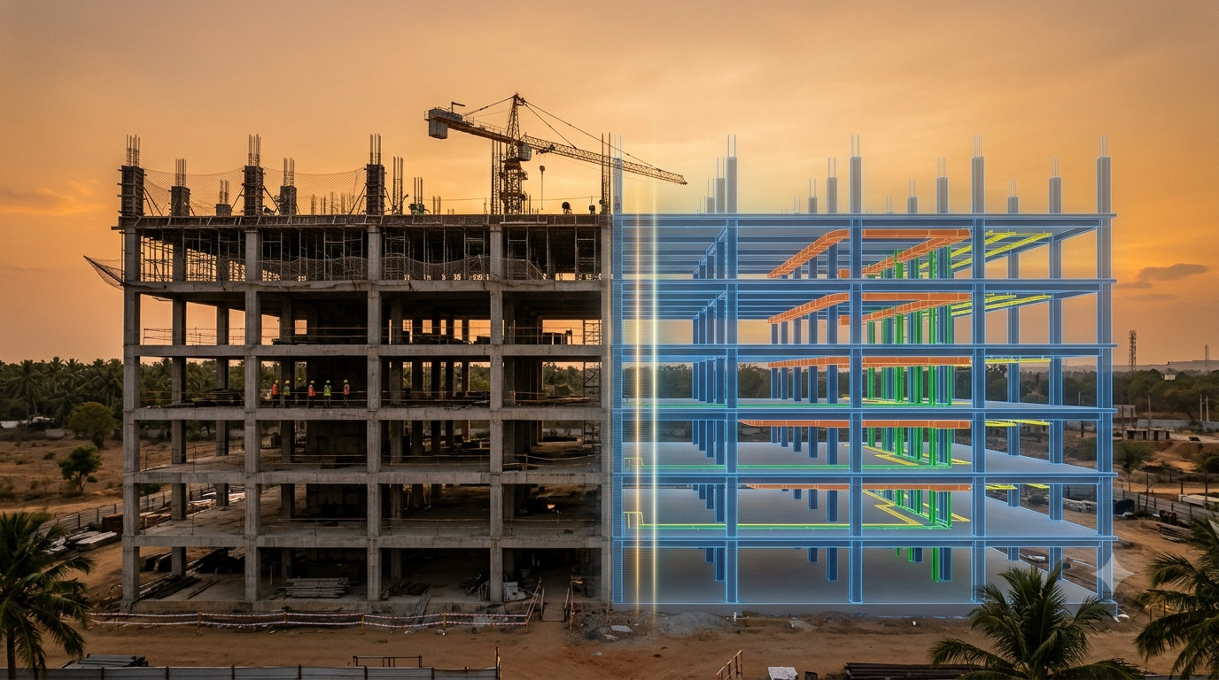 Six-storey concrete building under construction transitioning into a color-coded BIM model showing structural framing and MEP systems.