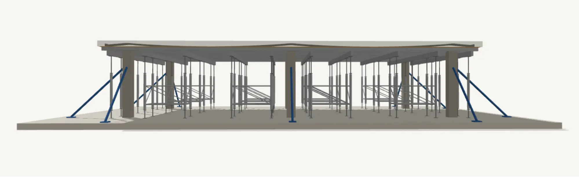 Braced precast columns supported by falsework before PT slab stressing