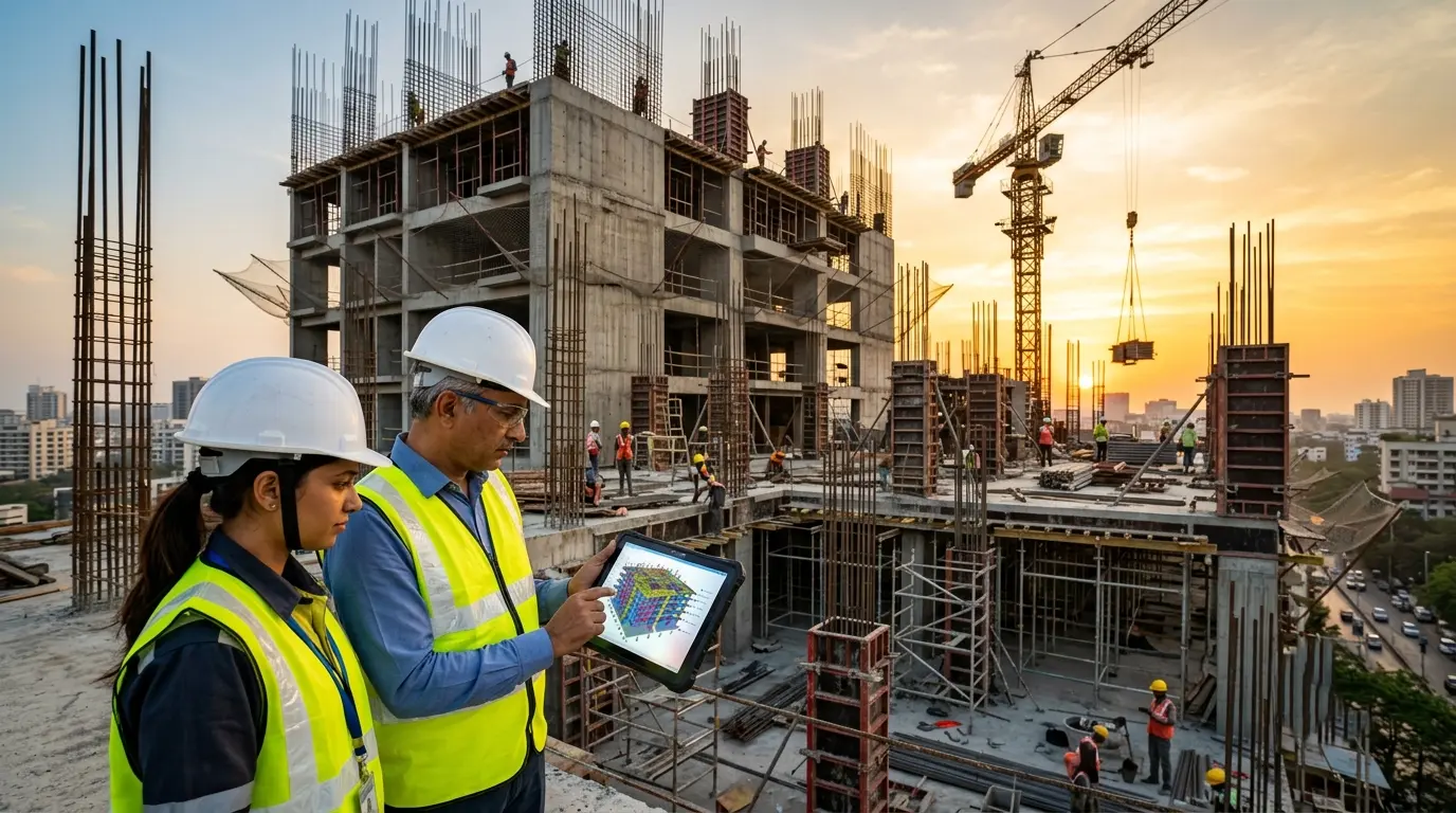 Engineers wearing safety helmets and high-visibility vests reviewing a 3D building model on a tablet at a construction site.