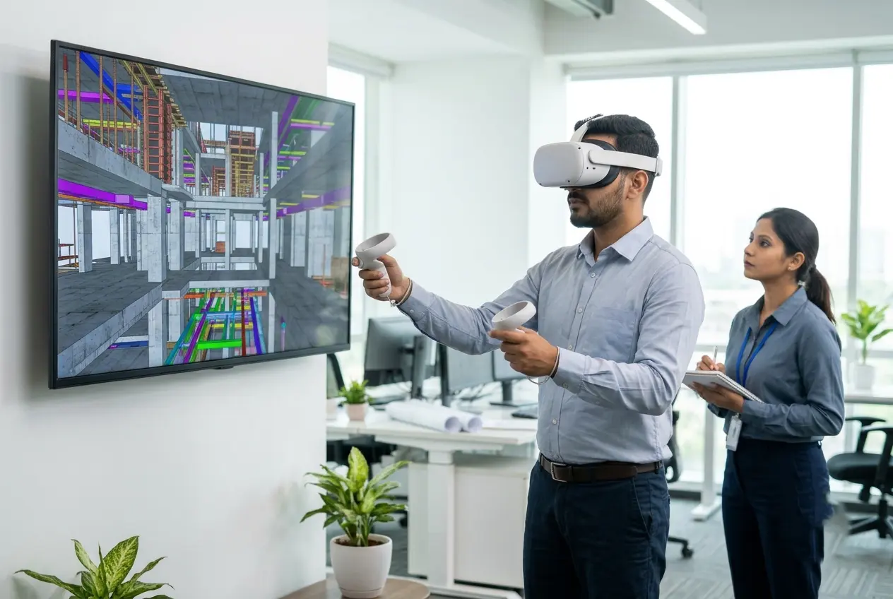 Male engineer wearing a VR headset reviewing a 3D building model on a large screen while a colleague takes notes.